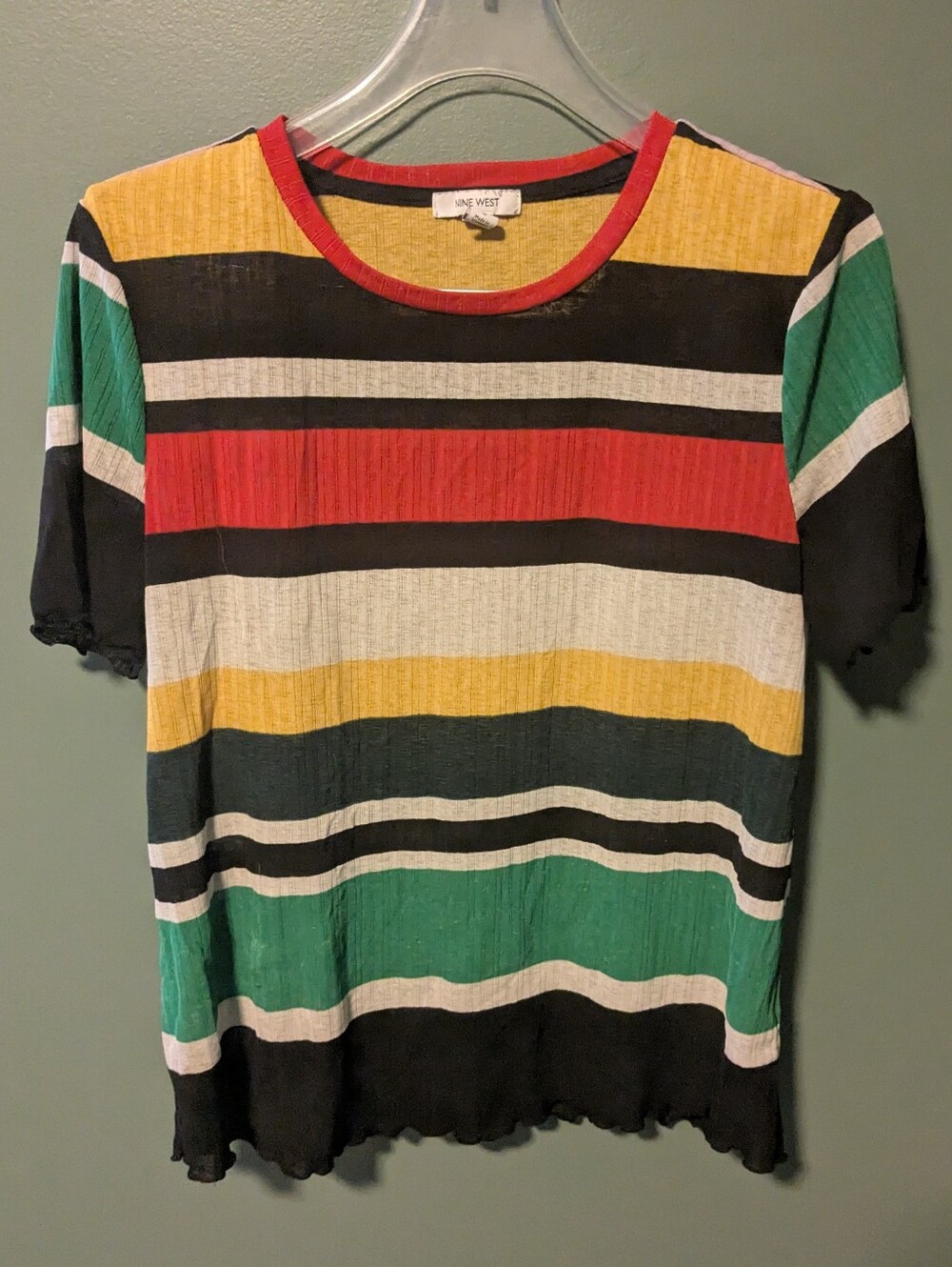 Nine West Sheer Striped Short Sleeve Top - Red, Yellow, Green, Black, White